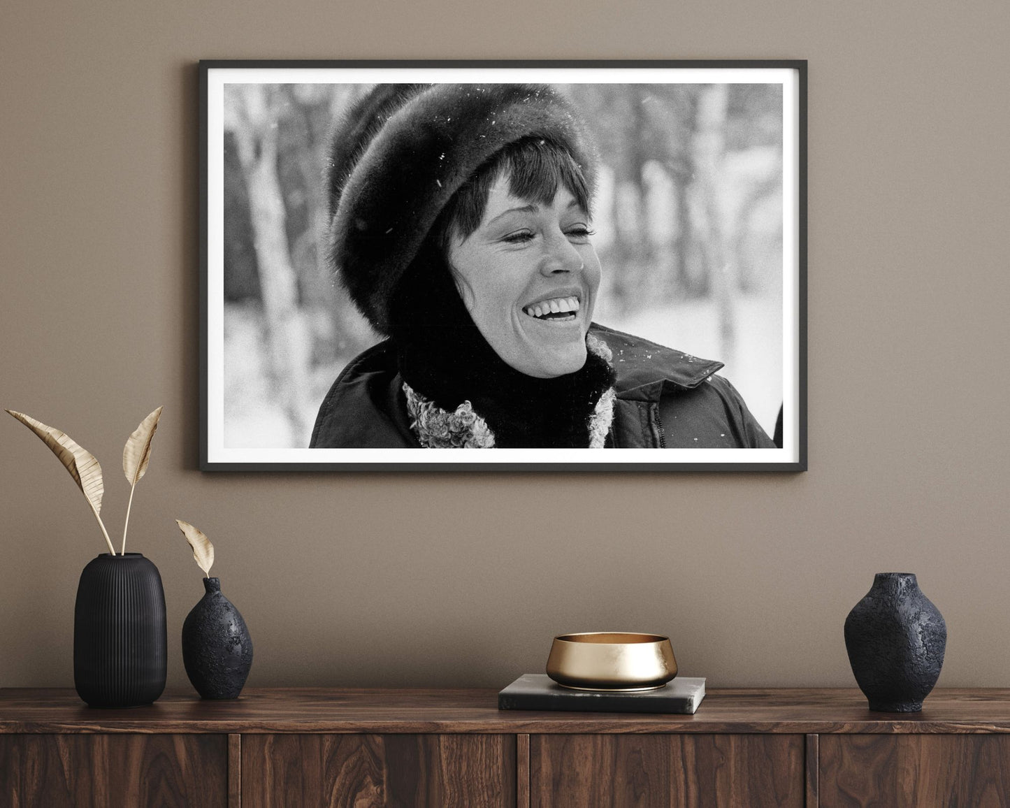 Jane Fonda Laughing in Fur Hat