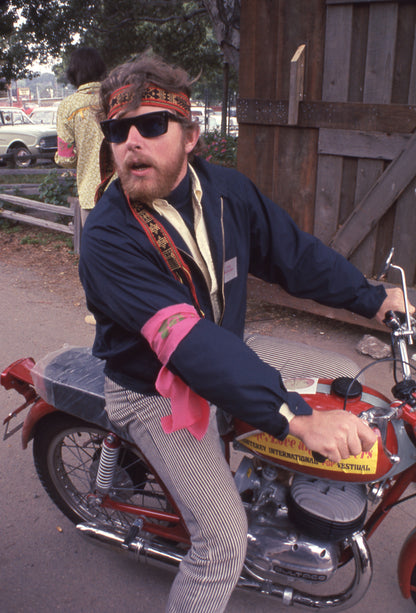 Hippie Riding Motorcycle at Monterey Pop Festival
