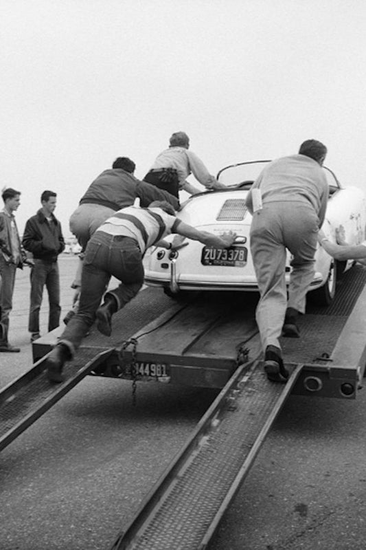 James Dean Pushing Porsche at Car Rally